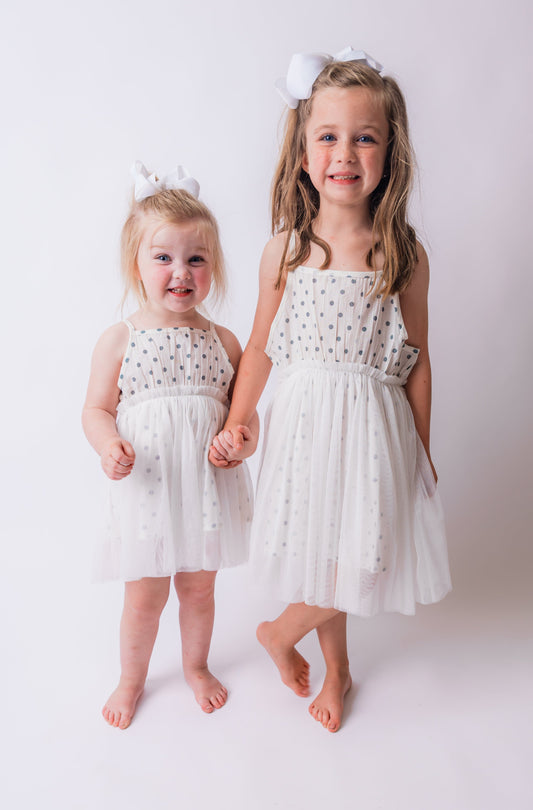 Blue Polka Dot Print Net Ruffle Gathered Dress dress & diaper cover Yo Baby India
