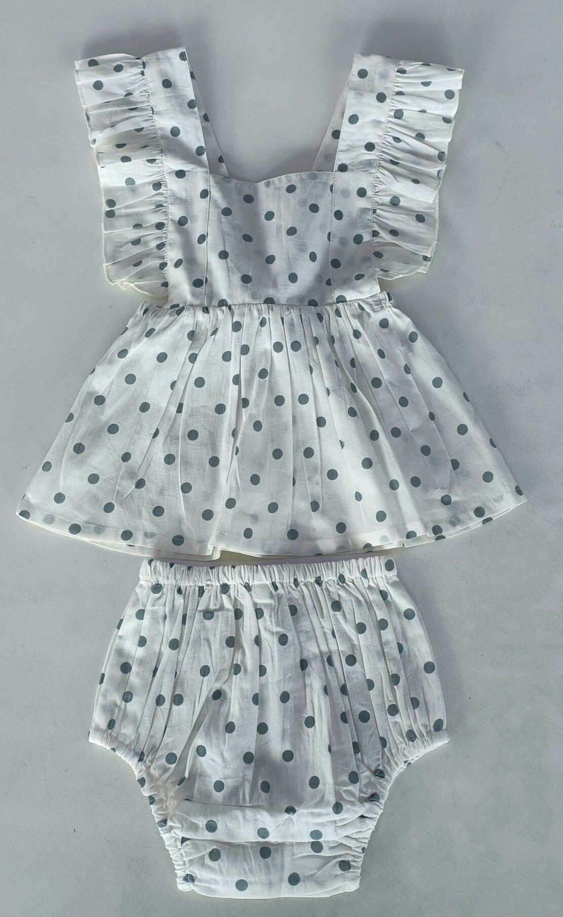 Blue Polka Dot Print Ruffled Racer Back Gathered Dress dress & diaper cover Yo Baby India