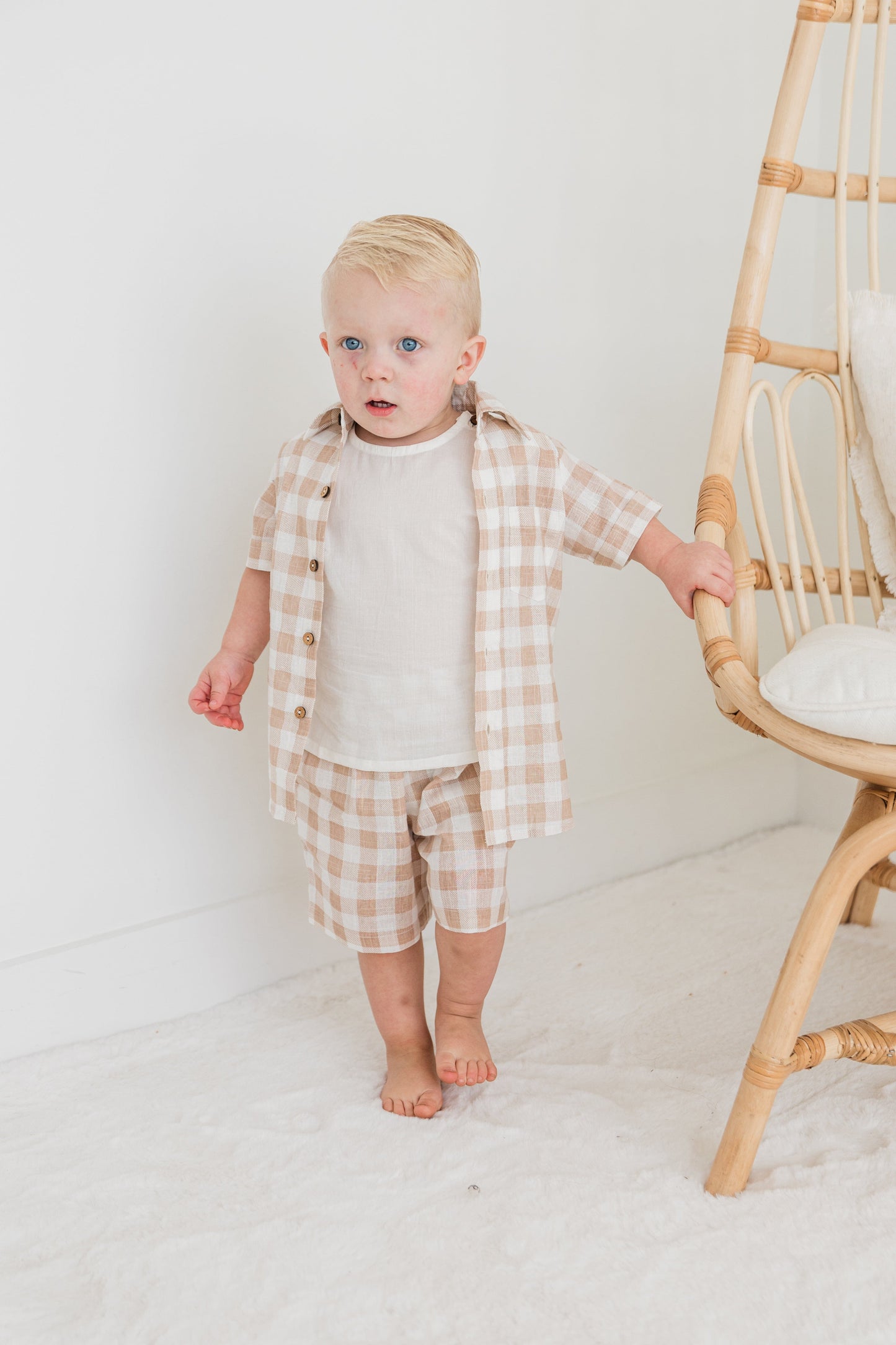 Blush Checkered Printed Boys Shirt ,Shorts & Off-White Inner shirt 3pc set Dress Yo Baby India