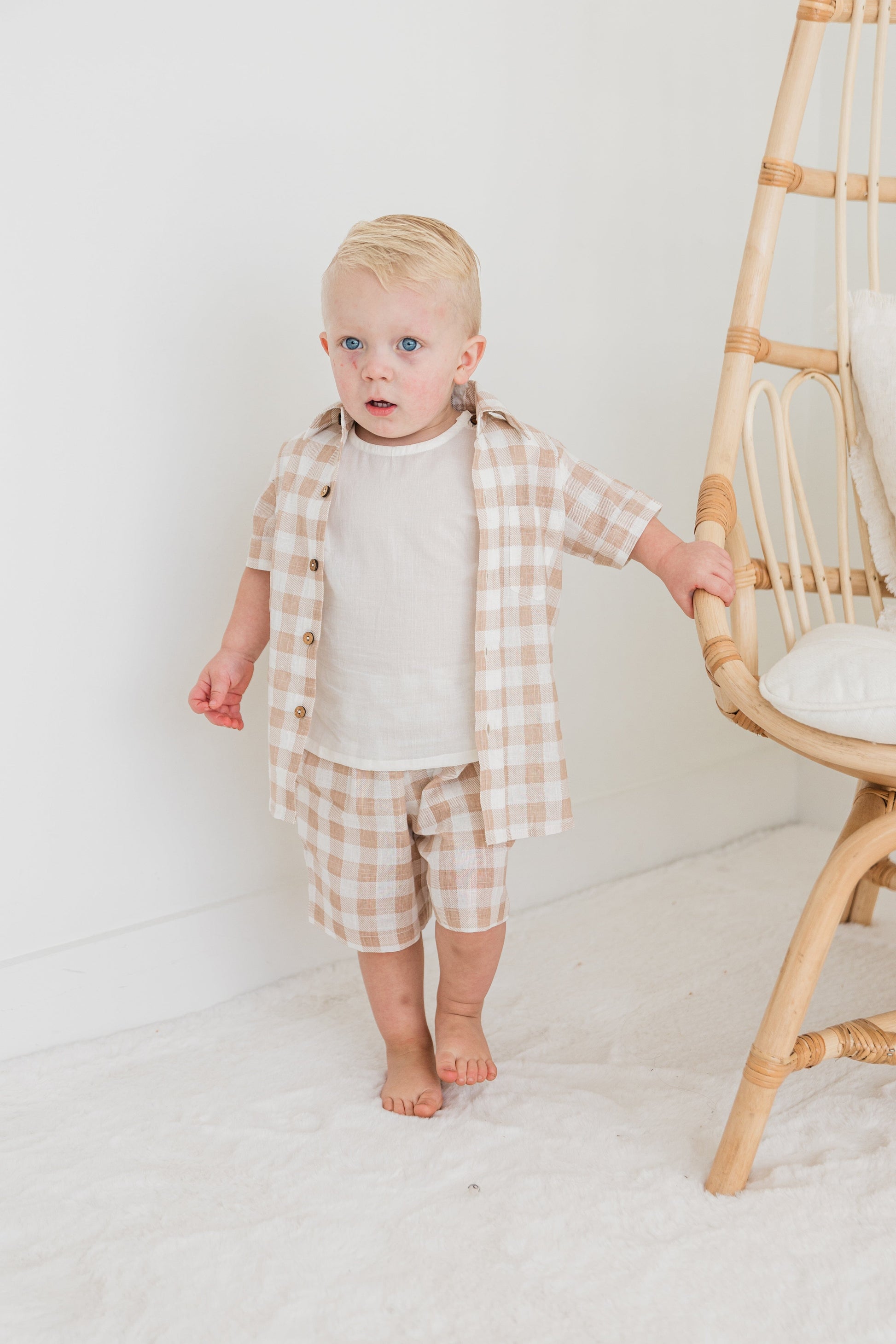 Blush Checkered Printed Boys Shirt ,Shorts & Off-White Inner shirt 3pc set Dress Yo Baby India