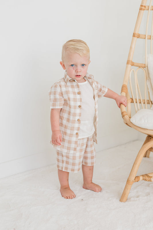 Blush Checkered Printed Boys Shirt ,Shorts & Off-White Inner shirt 3pc set Dress Yo Baby India
