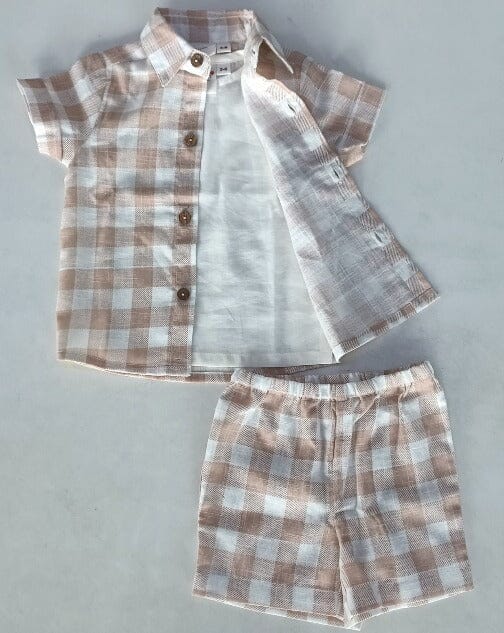 Blush Checkered Printed Boys Shirt ,Shorts & Off-White Inner shirt 3pc set Dress Yo Baby India