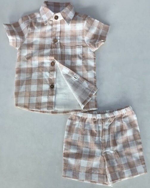 Blush Checkered Printed Boys Shirt ,Shorts & Off-White Inner shirt 3pc set Shirt-Shorts Yo Baby India