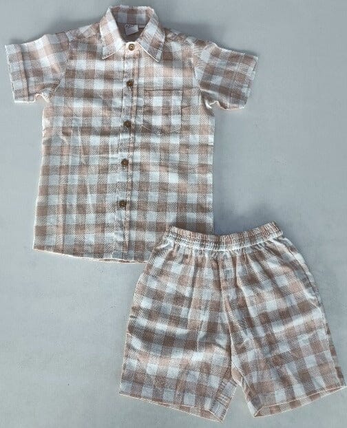 Blush Checkered Printed Boys Shirt ,Shorts & Off-White Inner shirt 3pc set Shirt-Shorts Yo Baby India