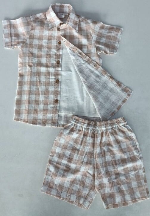 Blush Checkered Printed Boys Shirt ,Shorts & Off-White Inner shirt 3pc set Shirt-Shorts Yo Baby India