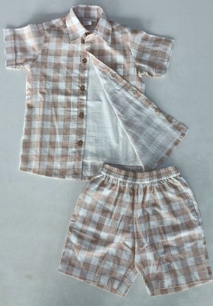 Blush Checkered Printed Boys Shirt ,Shorts & Off-White Inner shirt 3pc set Shirt-Shorts Yo Baby India 