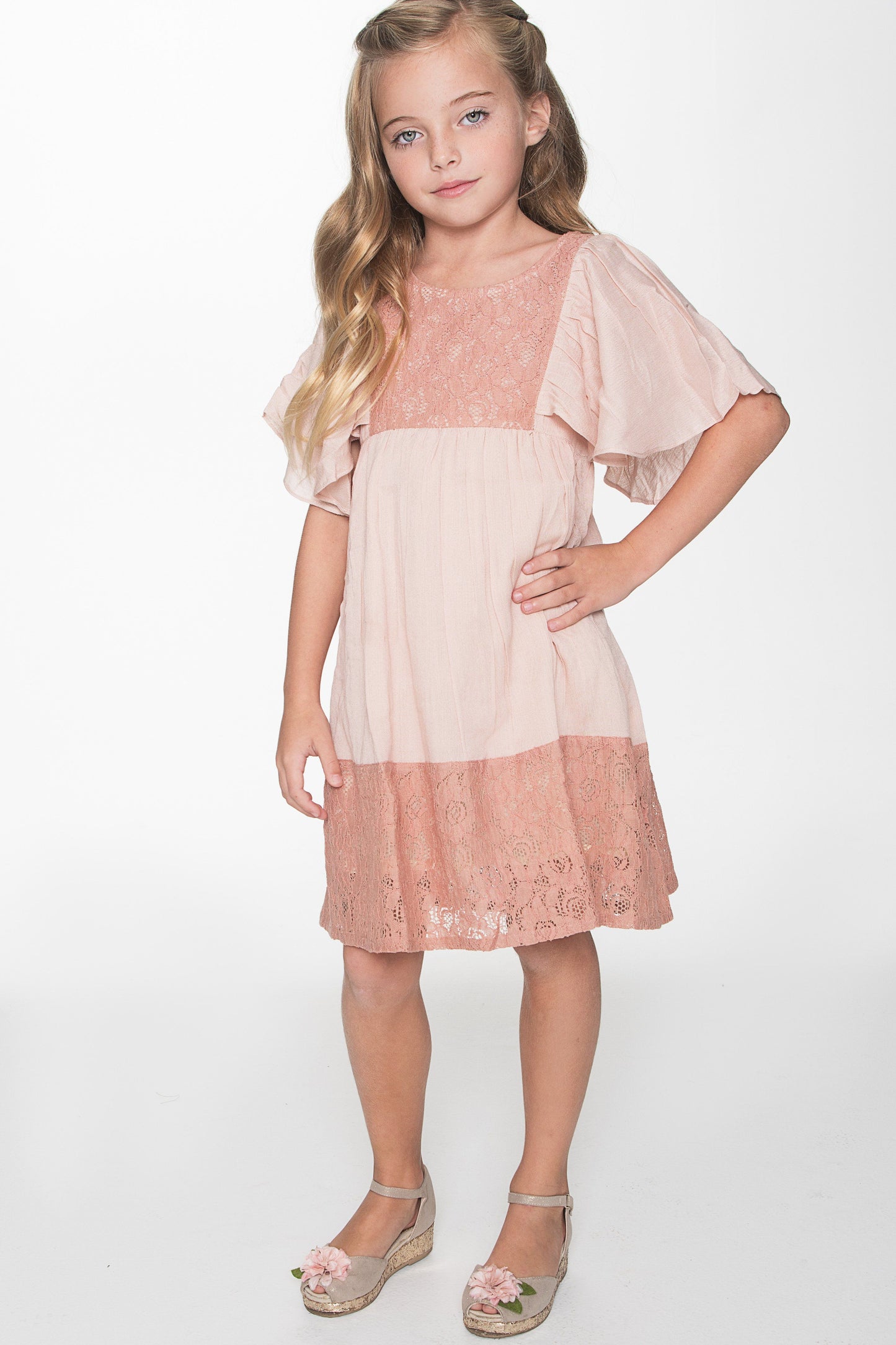 Blush Flounce Sleeve and Lace Dress Dress Yo Baby Wholesale