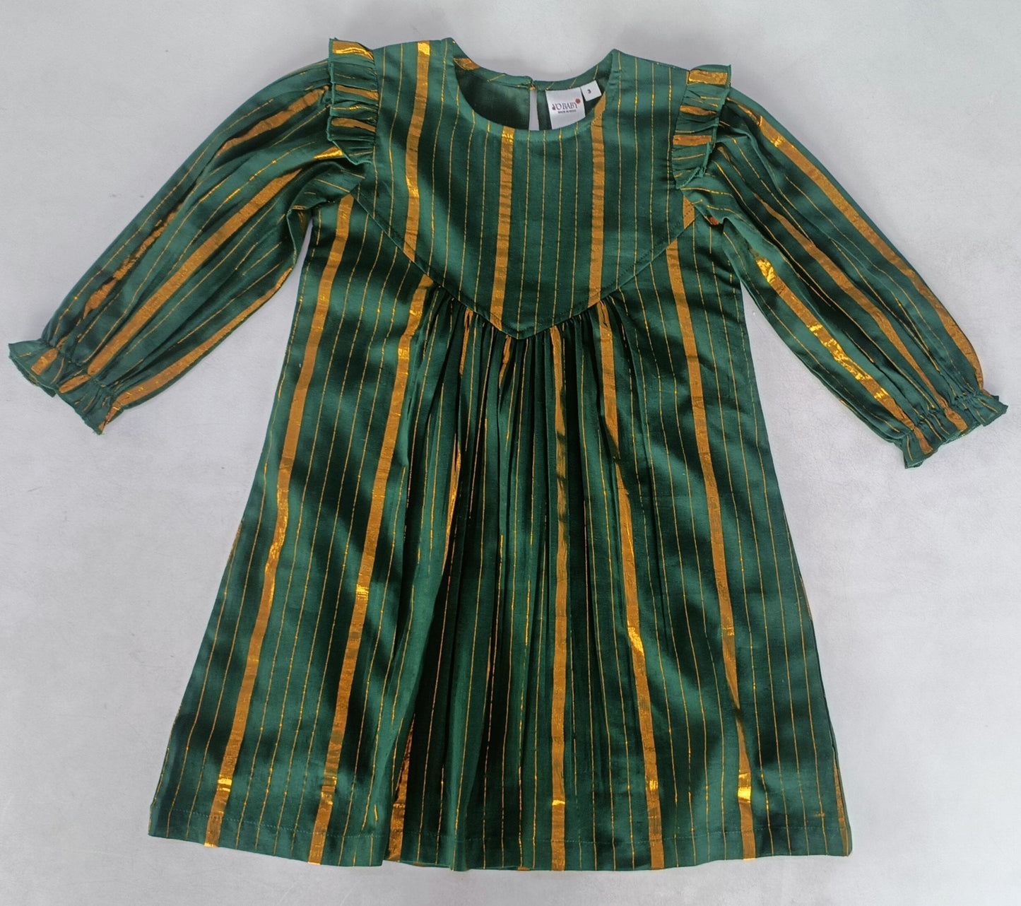Bottle Green Solid Color Gold Lurex Long Sleeve Gathered Dress dress & diaper cover Yo Baby India