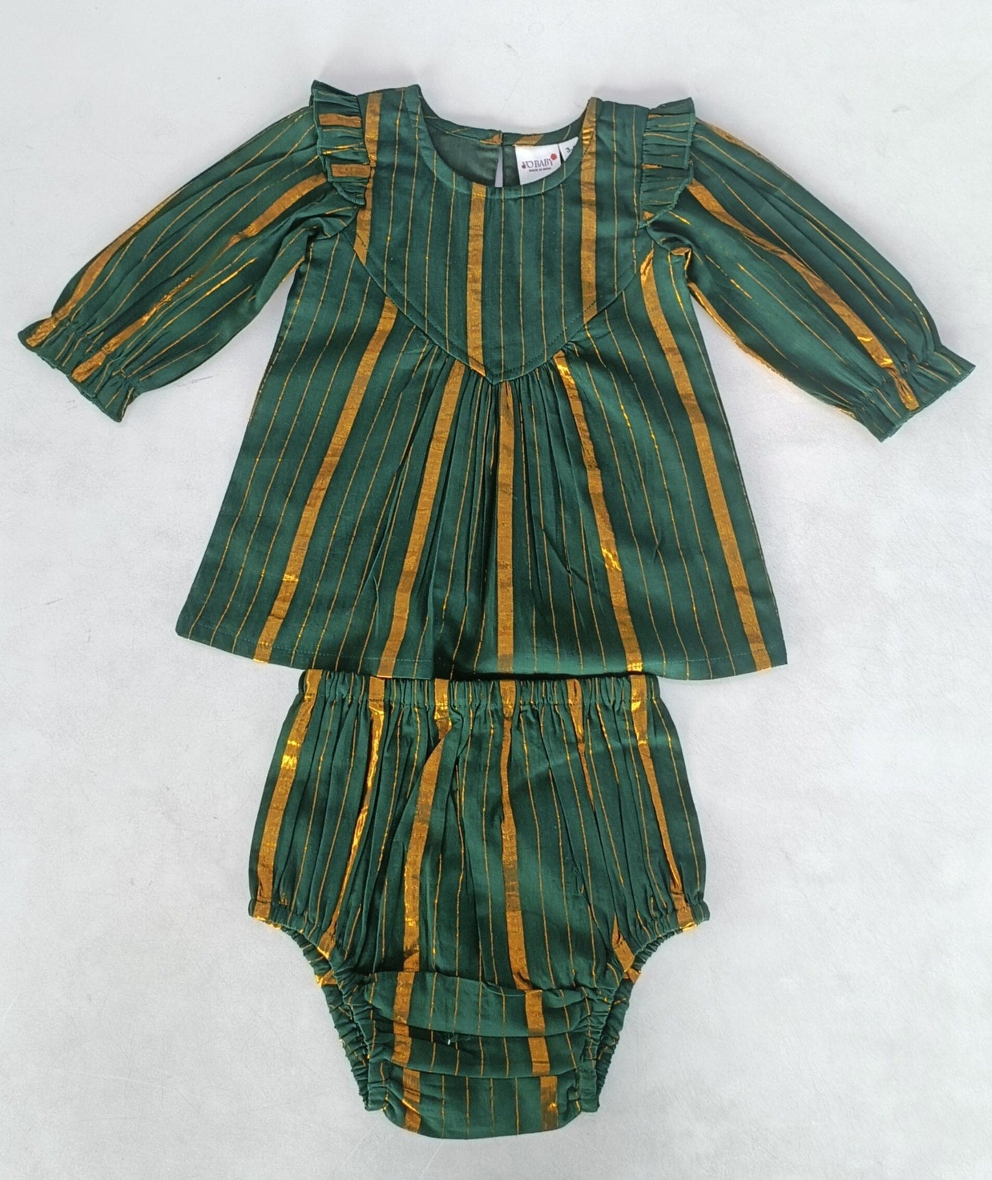 Bottle Green Solid Color Gold Lurex Long Sleeve Gathered Dress dress & diaper cover Yo Baby India