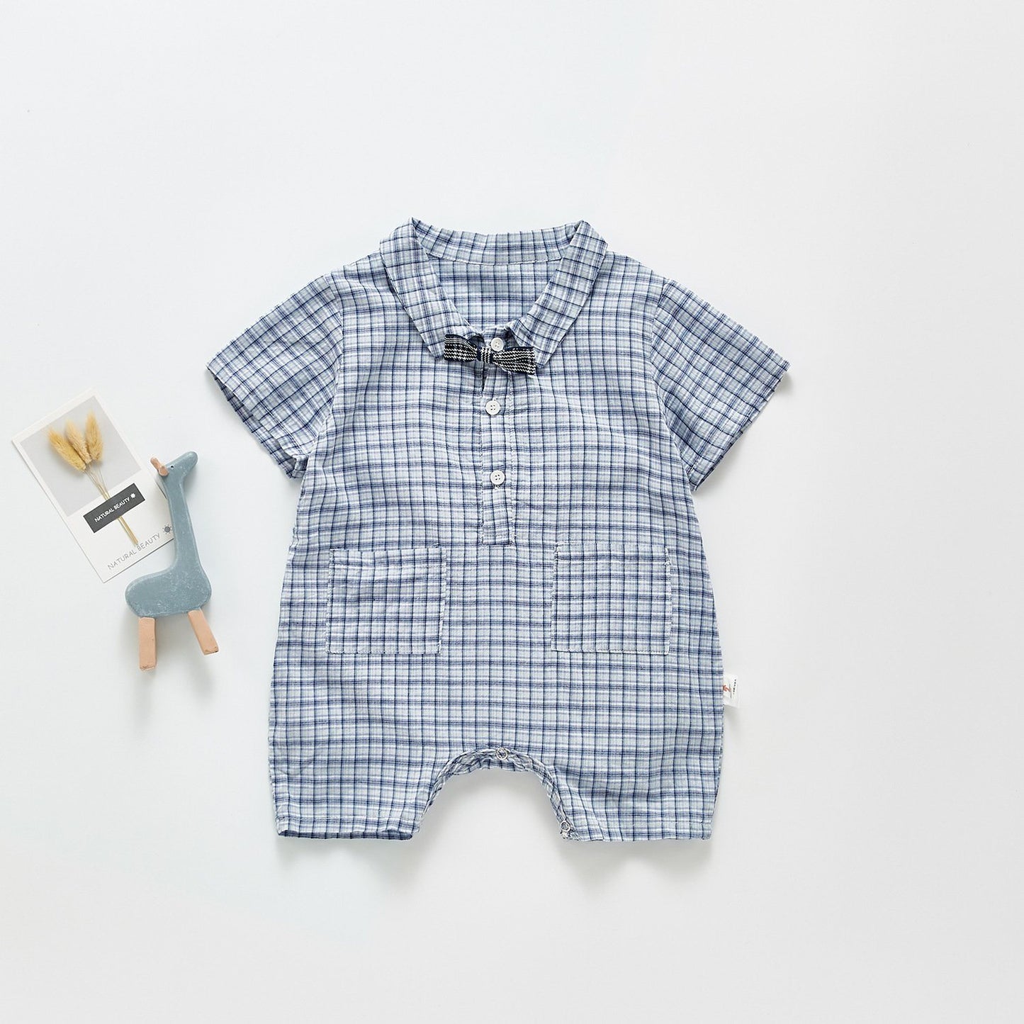Bow-Tie Blue Checks Shirt Romper - Boys Dress Yo Baby Wholesale