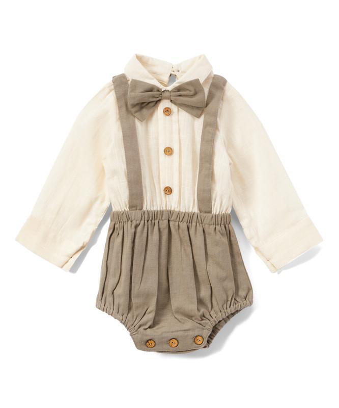 Boys Infant One-Piece Full Sleeves Romper With Attached Bow-Tie - Grey diaper covers Yo Baby Wholesale