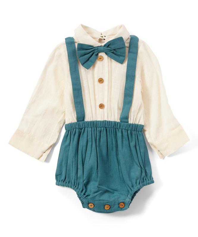 Boys Infant One-Piece Full Sleeves Romper With Attached Bow-Tie - Teal diaper covers Yo Baby Wholesale