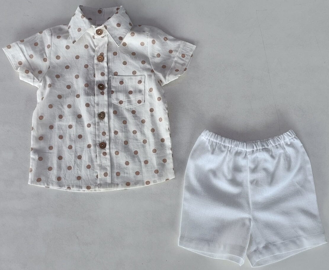 Brown Polka Dot Print Boys Shirt & White Shorts set Shirt-Shorts Yo Baby India