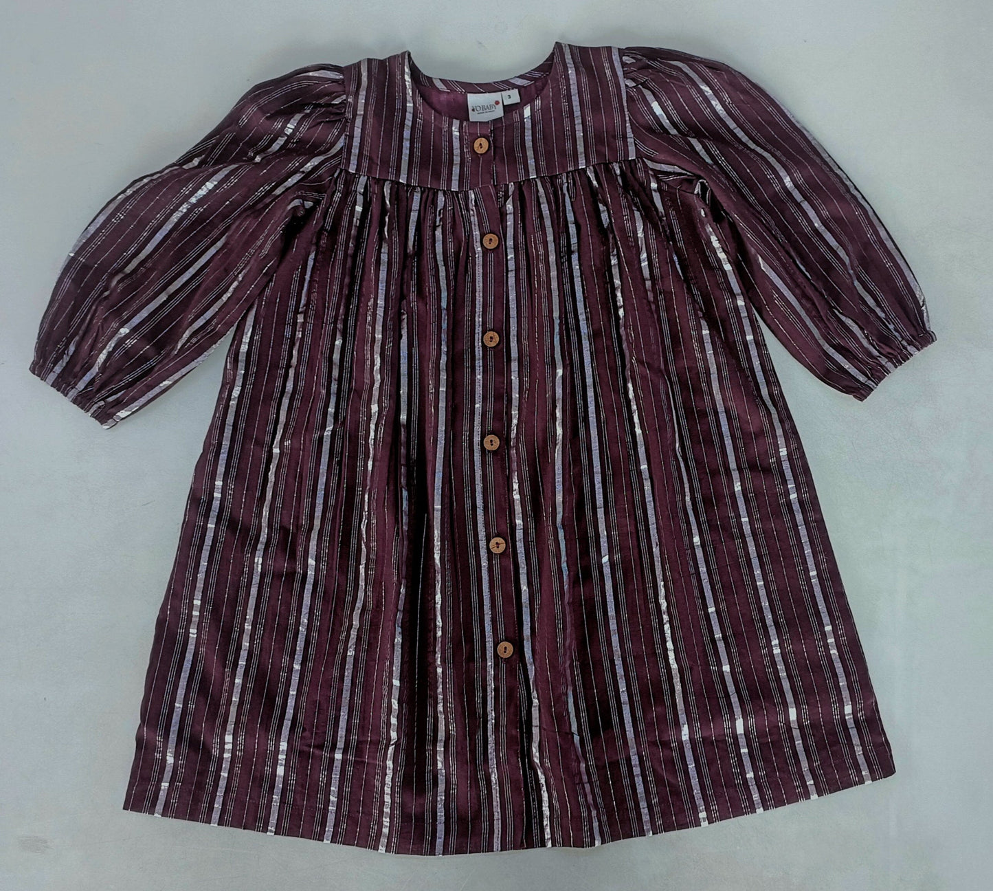 Burgundy Solid Color Silver Lurex Gathered Long Sleeve Dress dress & diaper cover Yo Baby India