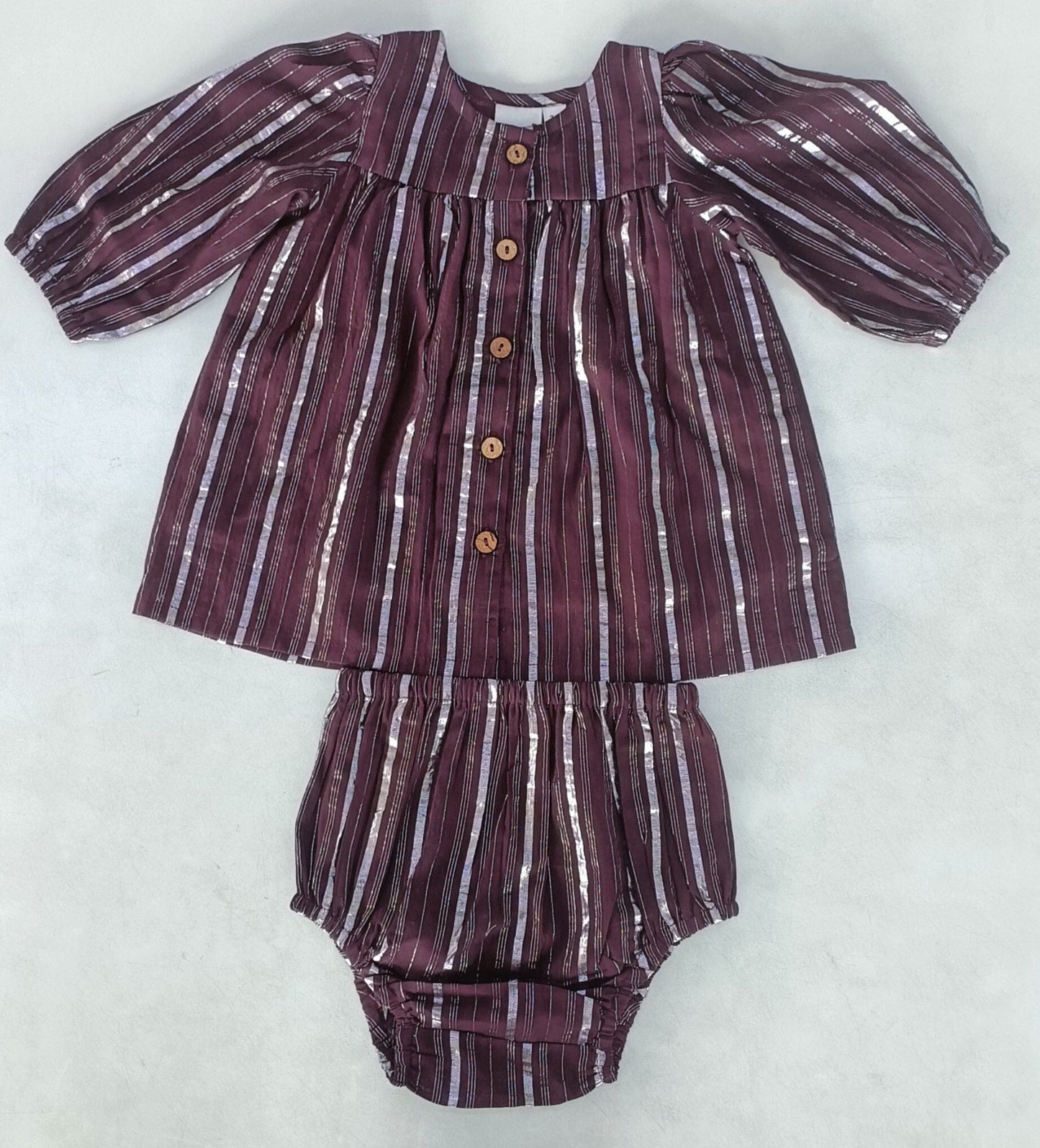 Burgundy Solid Color Silver Lurex Gathered Long Sleeve Dress dress & diaper cover Yo Baby India