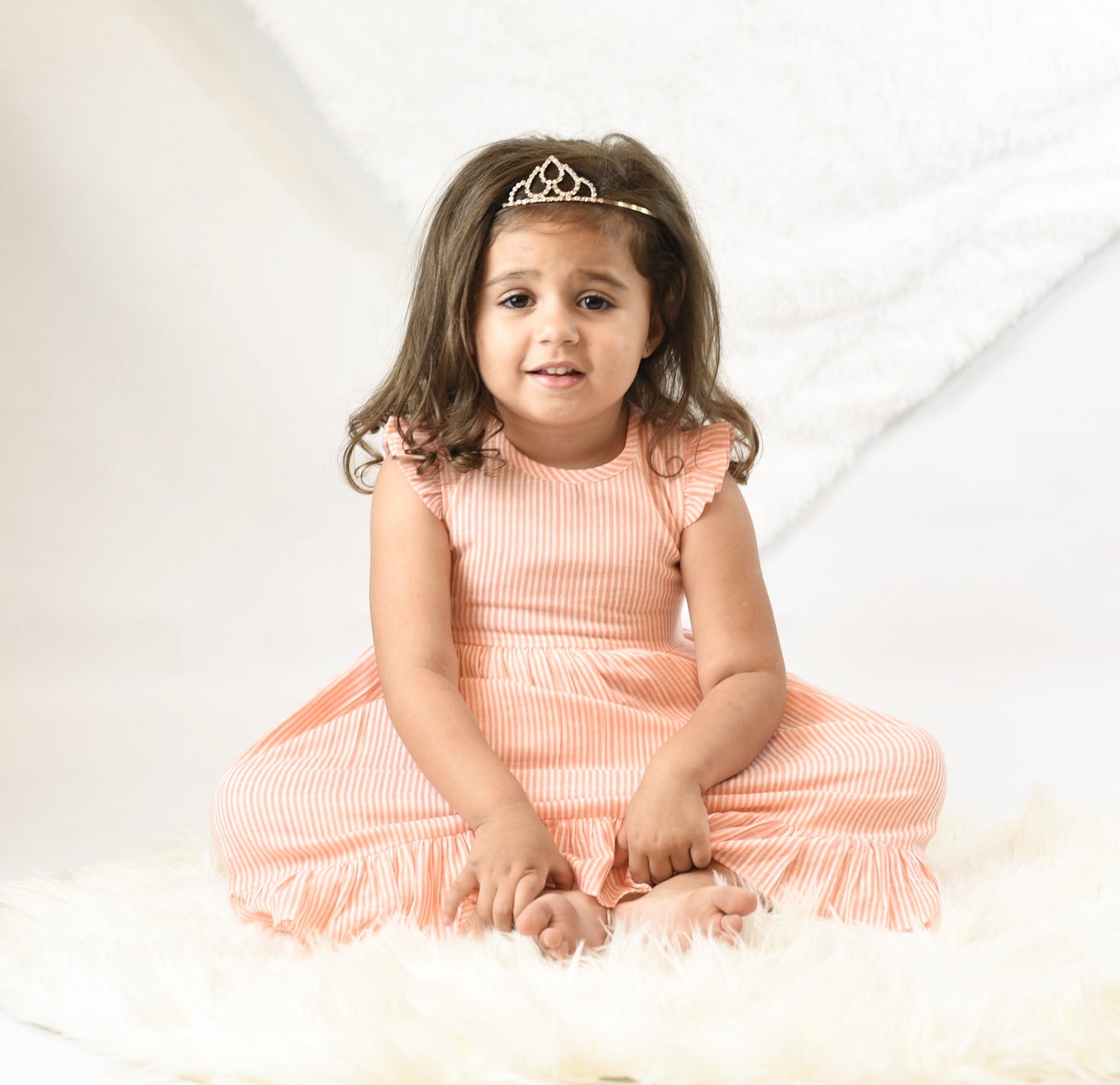 Candy-Stripe Flutter-Sleeve Dress With Belt Tie Dress Yo Baby Wholesale