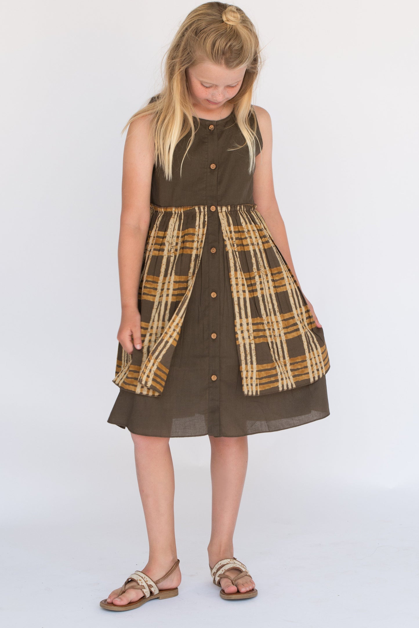 Cement Checked Layered Dress Dress Yo Baby Wholesale