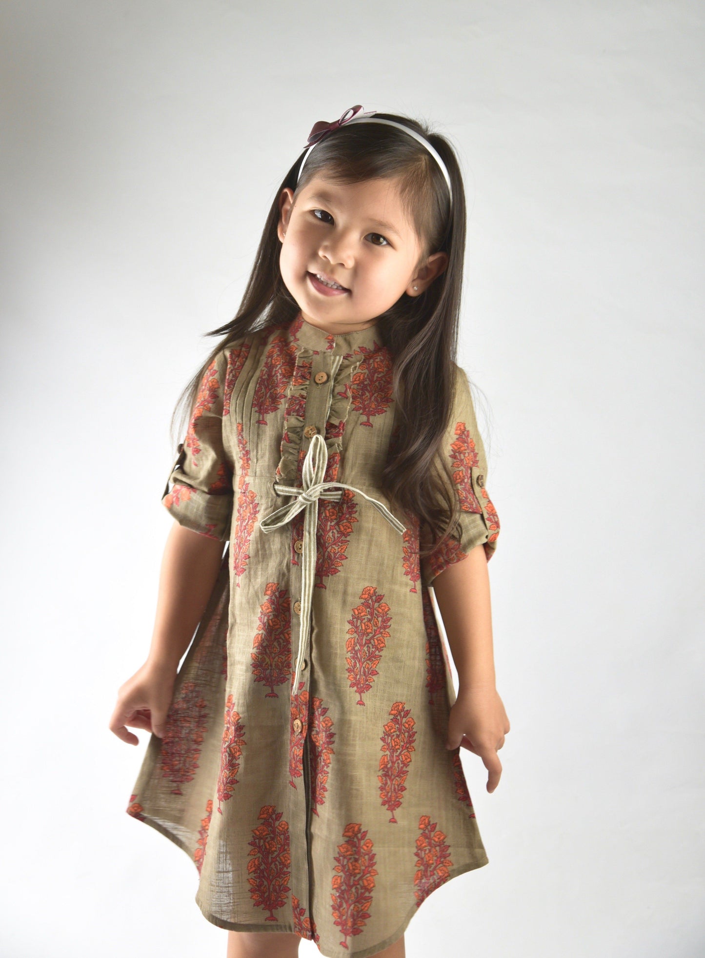 Cement Grey Printed Shirt Dress with Pin-Tuck and Frill Dress Yo Baby Wholesale