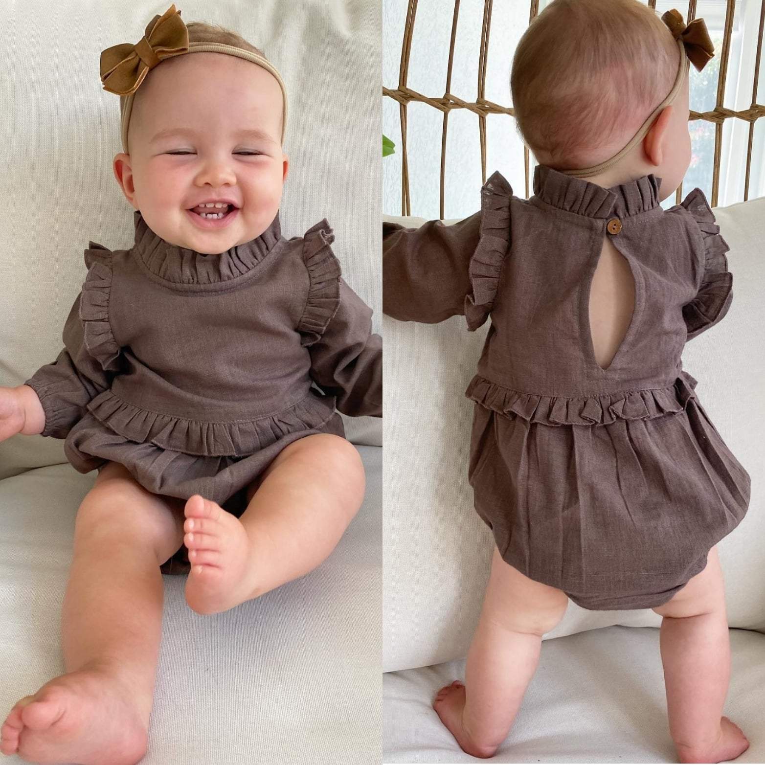 Chocolate Brown Full-Sleeves Ruffles Infant Romper Yo Baby India Chocolate Brown Full-Sleeves Ruffles Infant Romper Yo Baby India