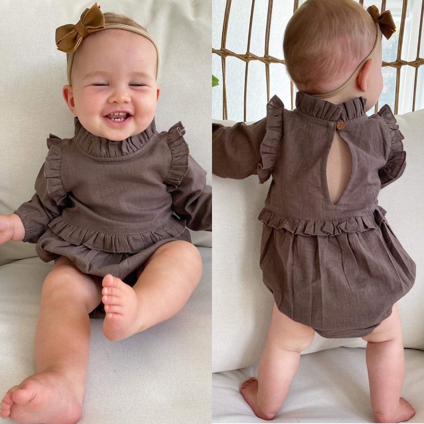 Chocolate Brown Full-Sleeves Ruffles Infant Romper Dress Yo Baby Wholesale