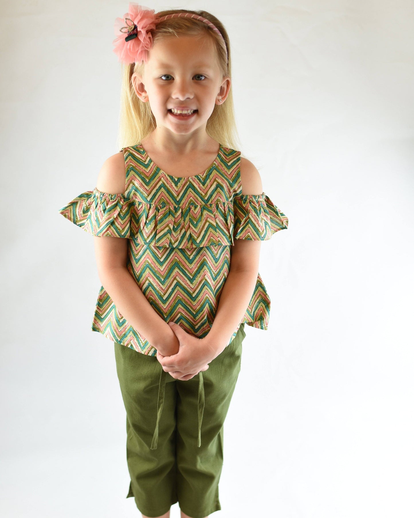 Drawstring Cropped Pants and Chevron Cold Shoulder Top Two Piece Set Dress Yo Baby Wholesale