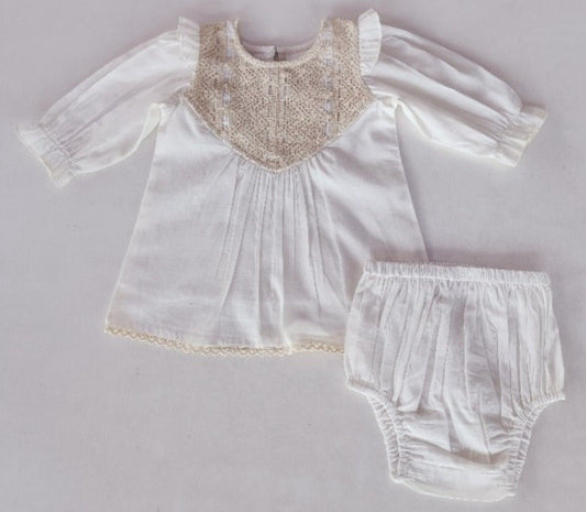 Ecru Long Sleeves Dress and Bloomers dress & diaper cover Yo Baby India
