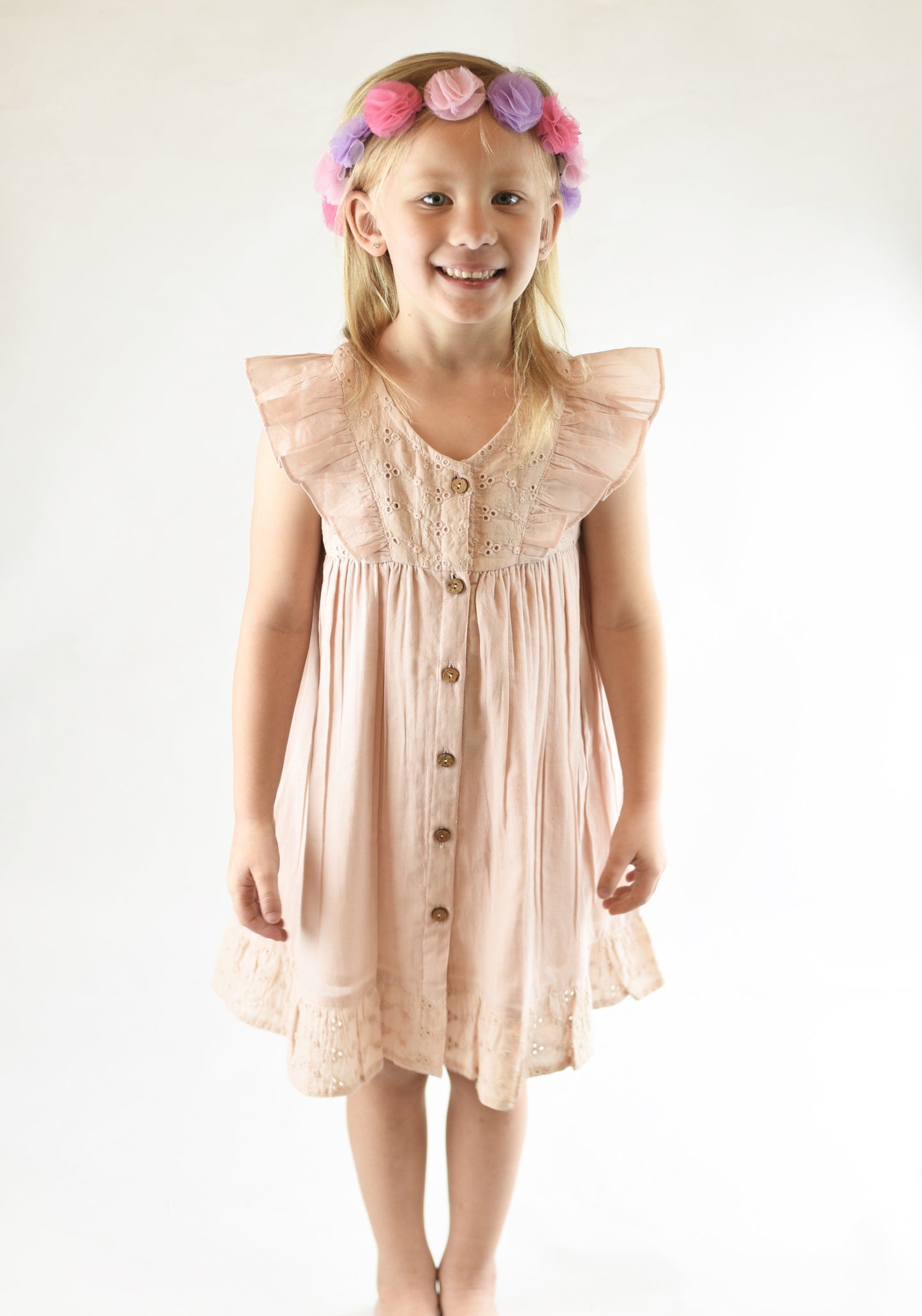 Embroidered Blush Flutter Sleeve Dress Dress Yo Baby Wholesale