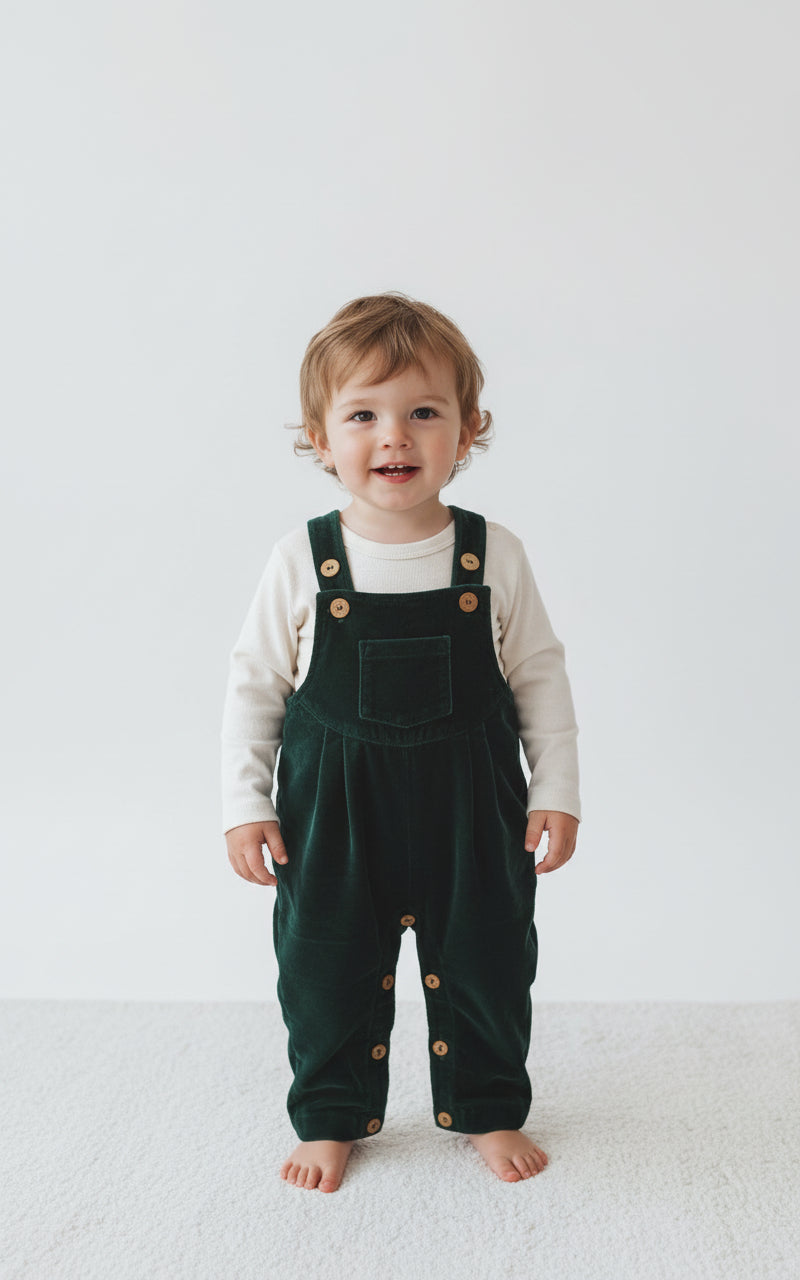 Emerald Green Micro Velvet Baby Overall With Pocket & Pleat Detail romper Yo Baby India