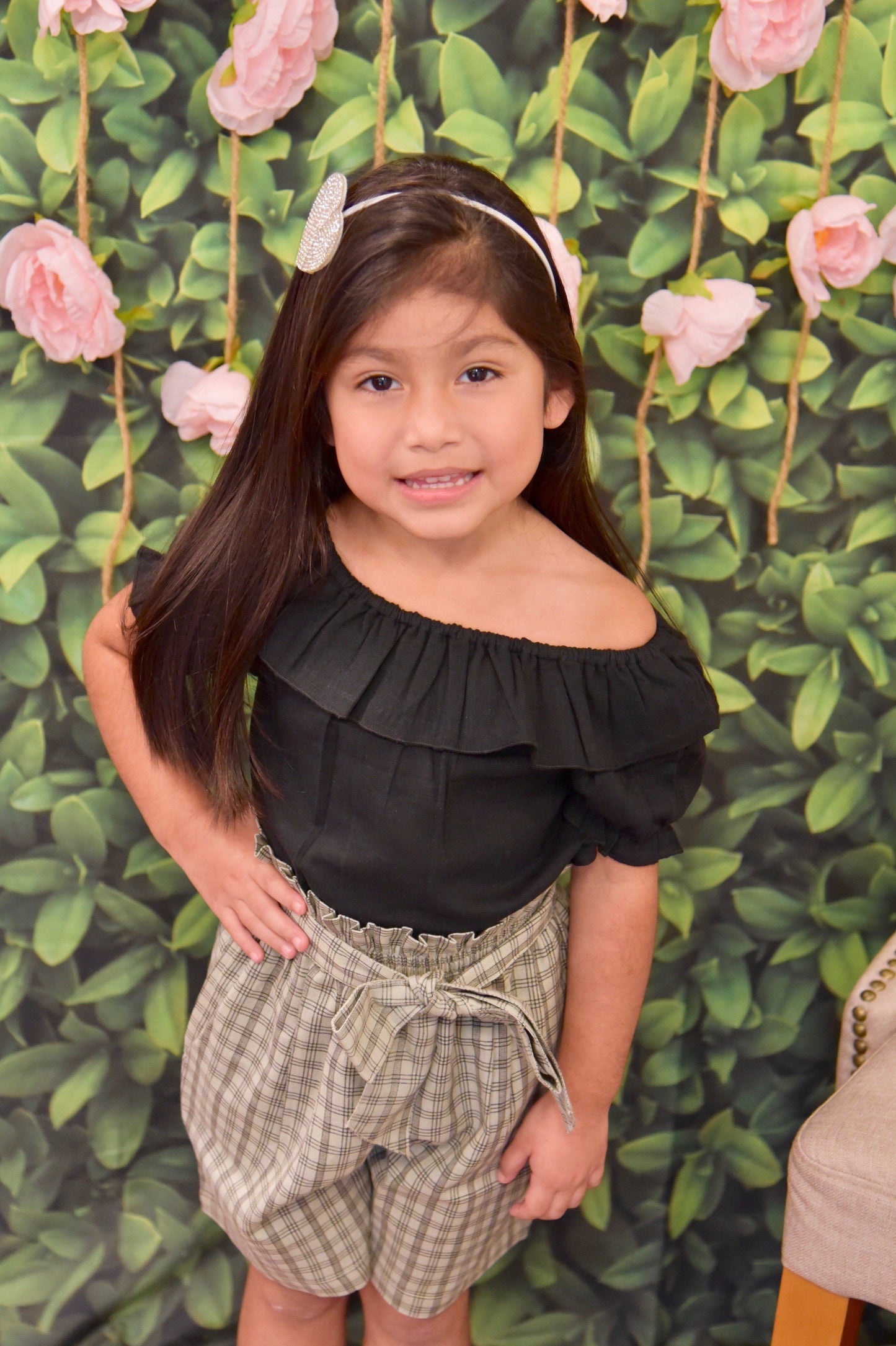 Frill-Neck Black Top With Checks Paper Bag Shorts 2 pc. Set Dress Yo Baby Wholesale