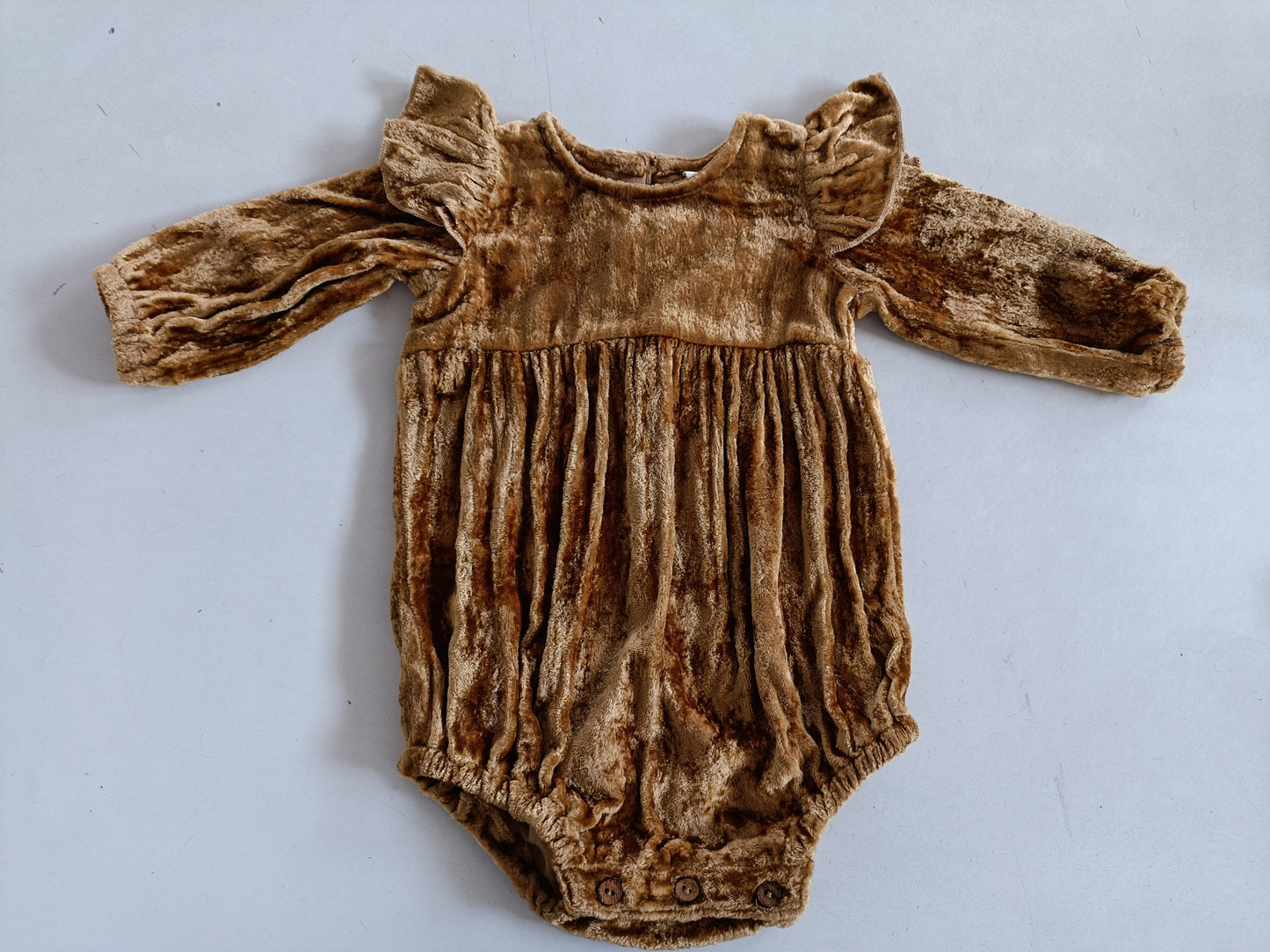 Gold Viscose Velvet Full Sleeves Ruffle Romper romper Yo Baby Wholesale