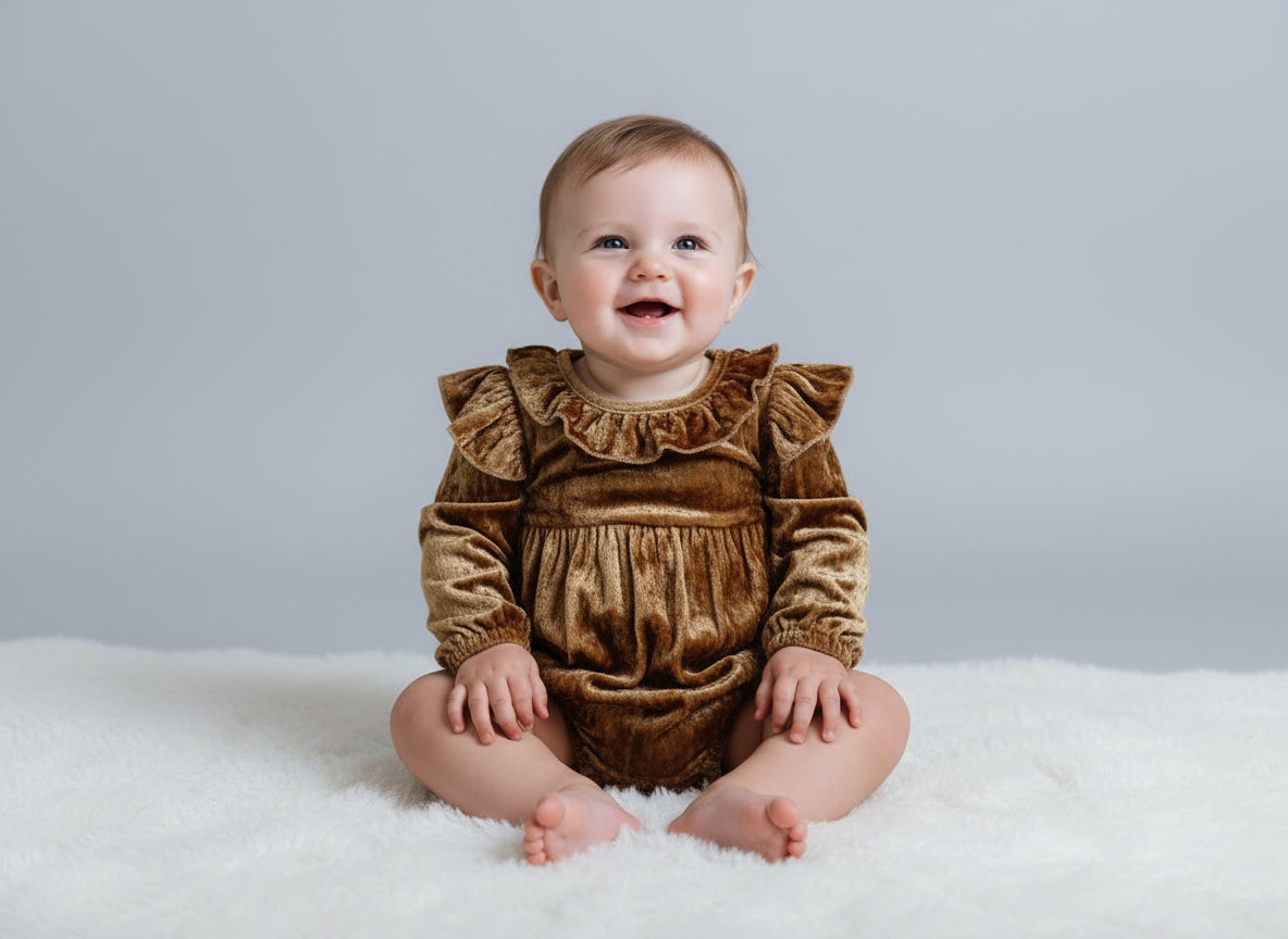 Gold Viscose Velvet Full Sleeves Ruffle Romper romper Yo Baby Wholesale