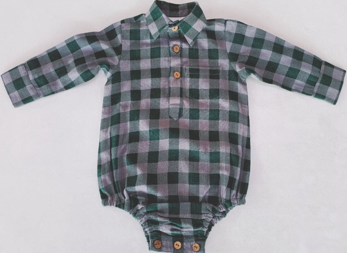 Green Checkered Print Long Sleeve Baby Romper romper Yo Baby India