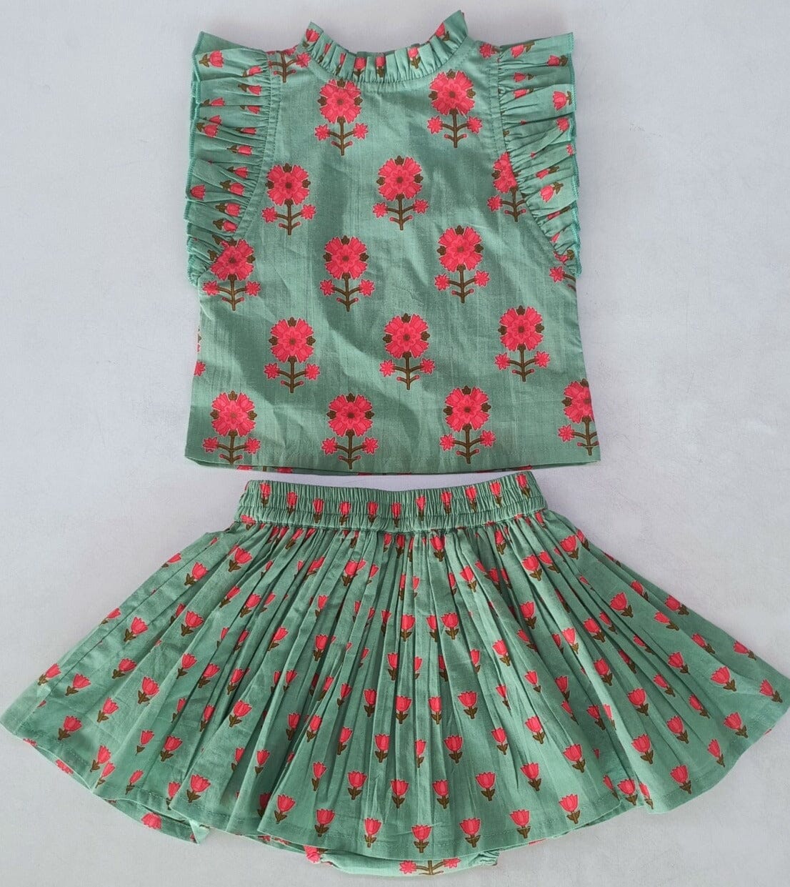 Green Floral Neck Ruffle Top & Skorts Set TOP & SKORT Yo Baby India