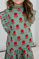 Green Floral Neck Ruffle Top & Tiered Skirt Set TOP & SKIRTS Yo Baby India 