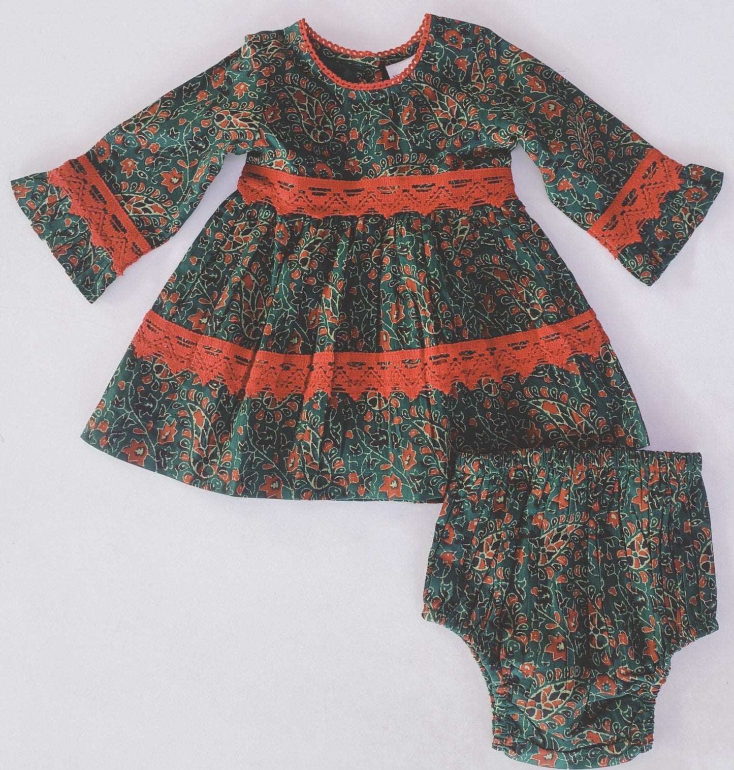Green & Maroon Printed Long Sleeve Lace Detail Dress and Bloomers dress & diaper cover Yo Baby India