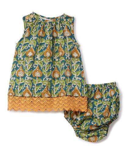 Green & Yellow Floral Lace-Hem Shift Dress with Diaper Cover 2pc.set Dress Yo Baby Wholesale 