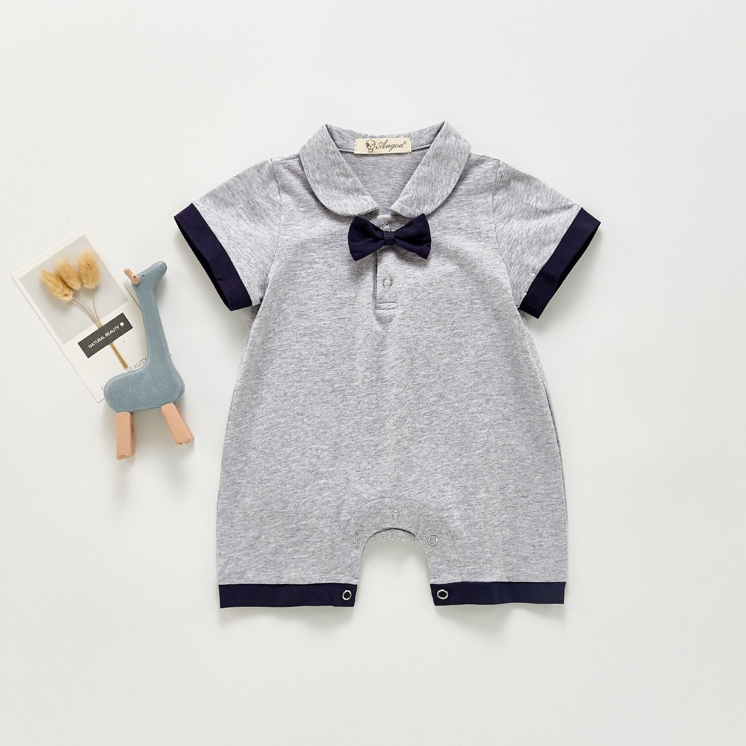 Grey Black Bow-Tie Collared T-Shirt Romper Boys