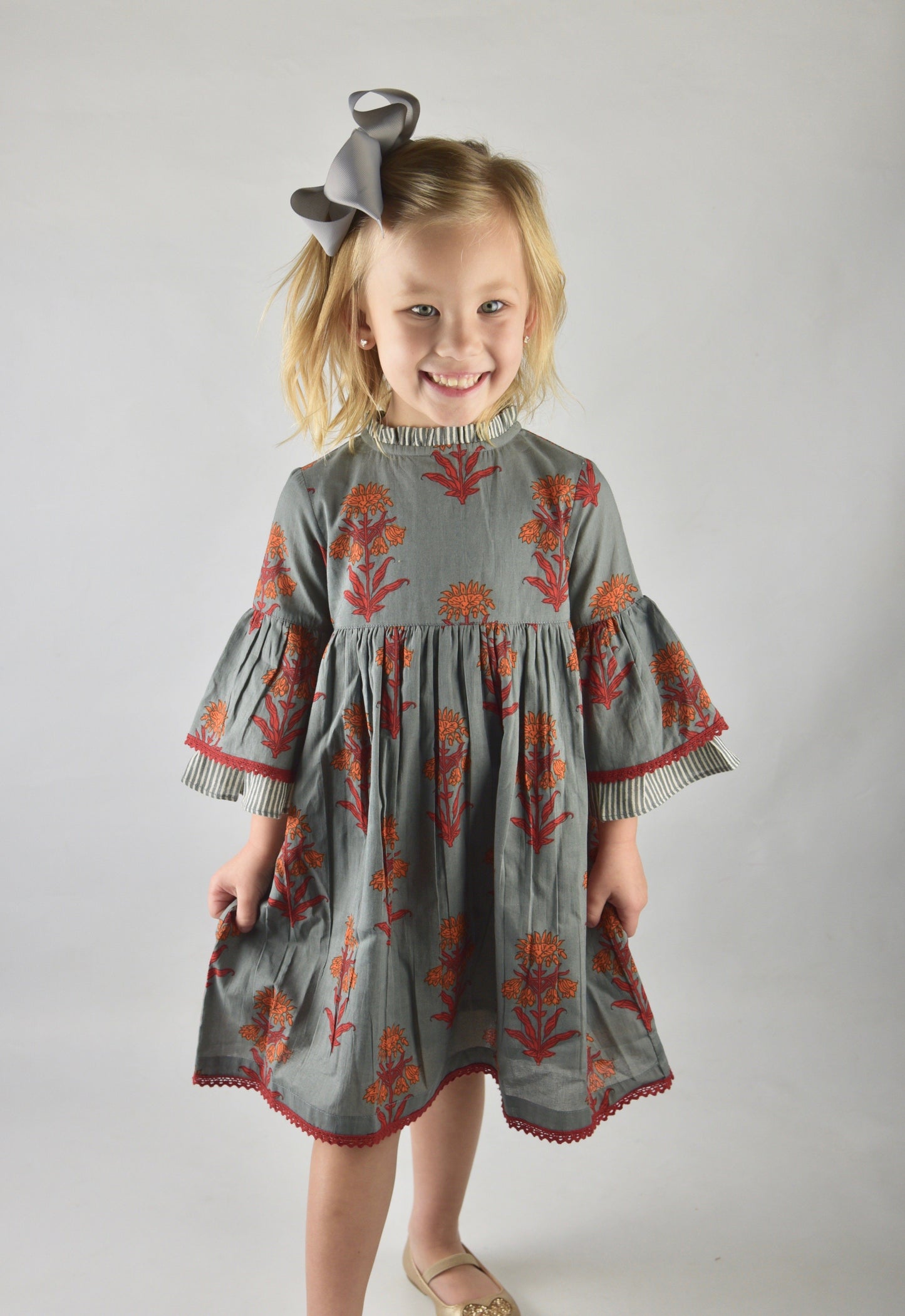 Grey Floral Dress With Pin Stipe Trim Dress Yo Baby Wholesale