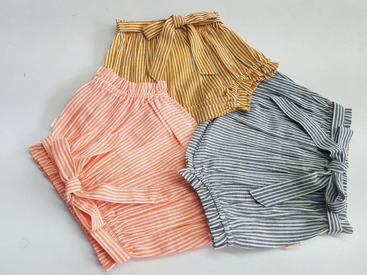 Grey, Mustard, Peach Stripes Print Infant Baby Shorts (3PC SET) 3 Piece Shorts Set Yo Baby Wholesale