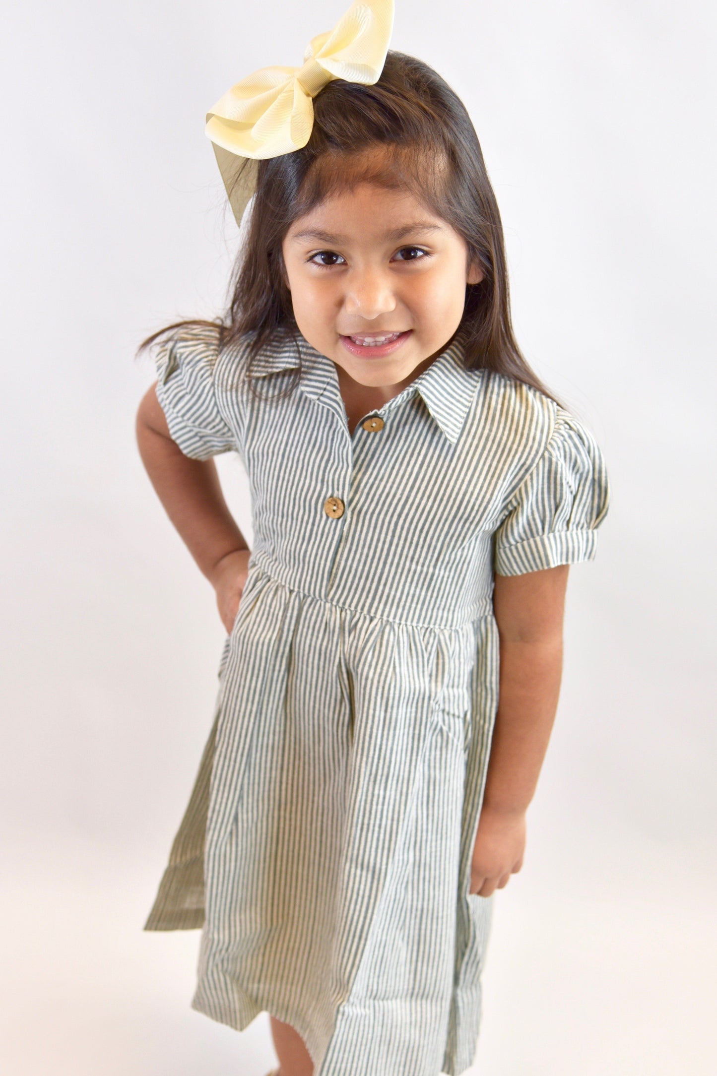 Grey Pin Stripe Puff-Sleeve Dress Dress Yo Baby Wholesale