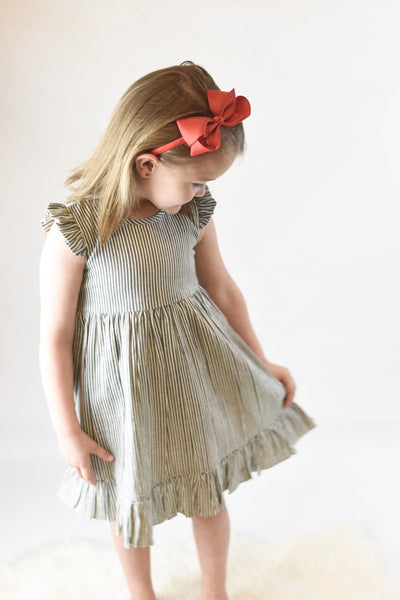 Grey Pin Stripe Ruffle-Sleeve Dress Dress Yo Baby Wholesale 
