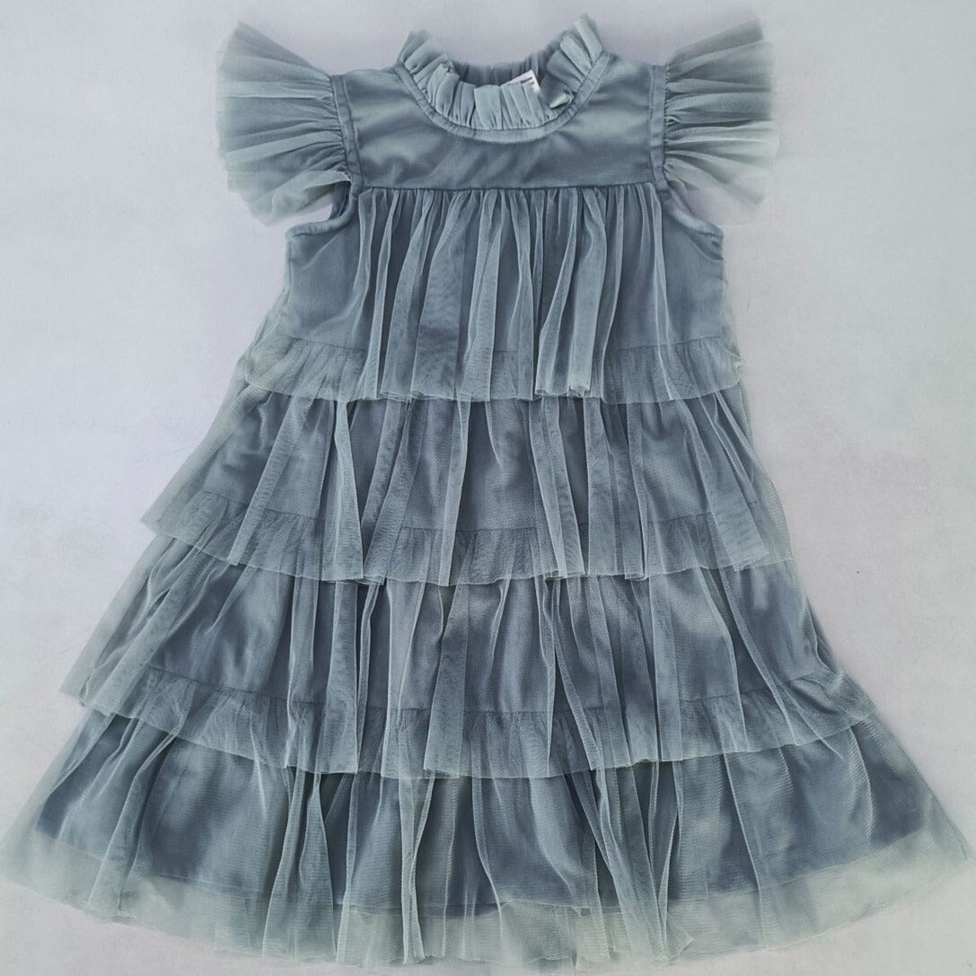 Grey Tulle Solid Color Neck & Sleeve Ruffled Tiered Dress dress & diaper cover DRESS Yo Baby India
