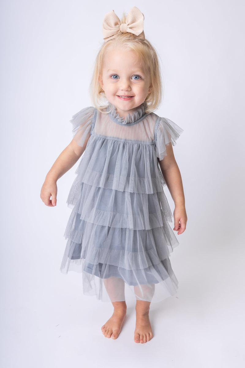 Grey Tulle Solid Color Neck Sleeve Ruffled Tiered Dress Yo