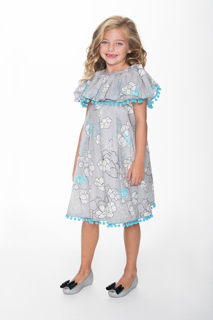 Grey with Blue Flower Pom-Pom Lace Dress Yo Baby India Grey with Blue Flower Pom-Pom Lace Dress Yo Baby India