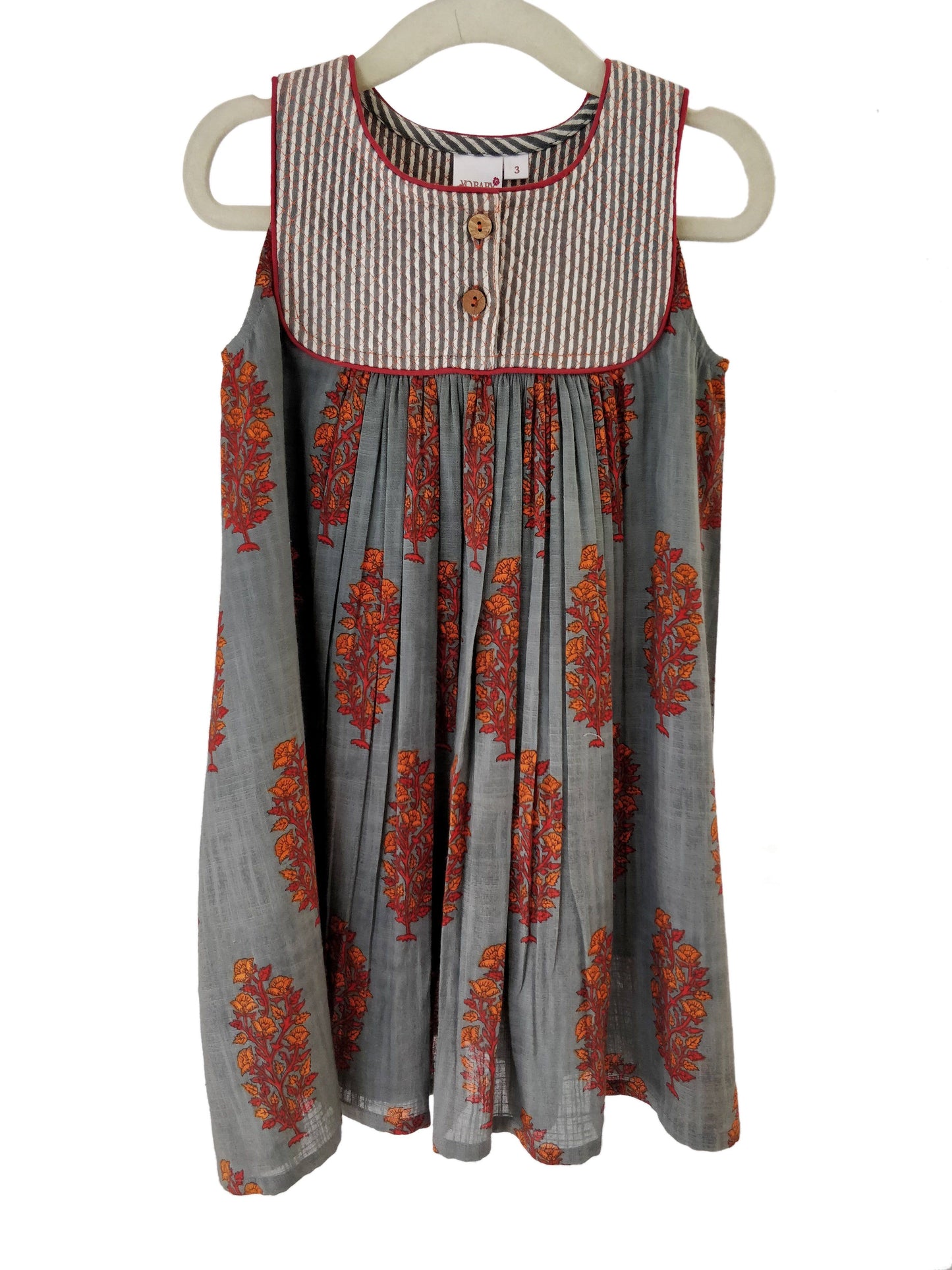 Grey with Red Orange Floral Print with Pinstripe Quilted Yoke Detail Dress Dress Yo Baby Wholesale
