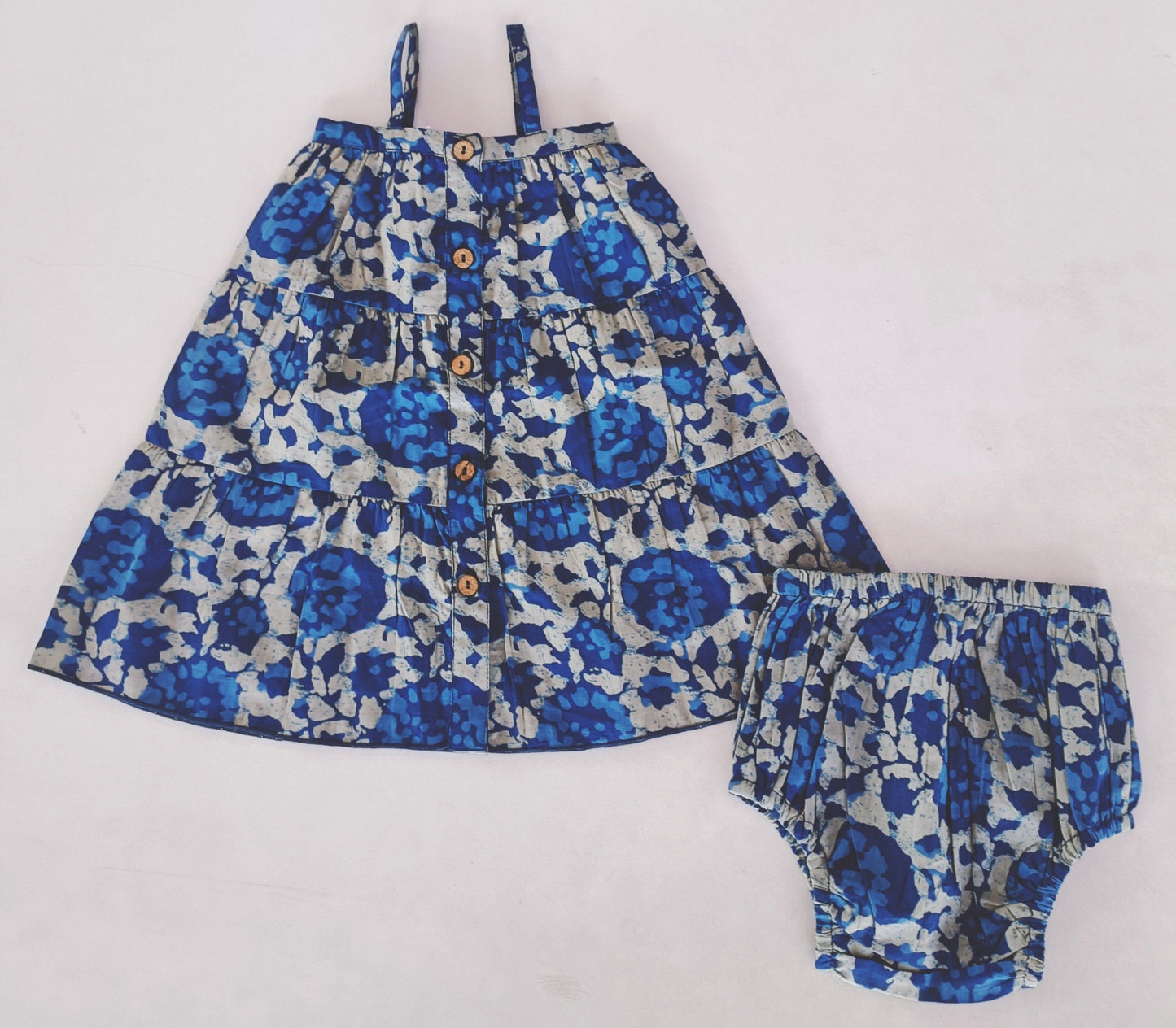 Indigo Floral Printed Tiered Dress and Bloomers dress & diaper cover Yo Baby India