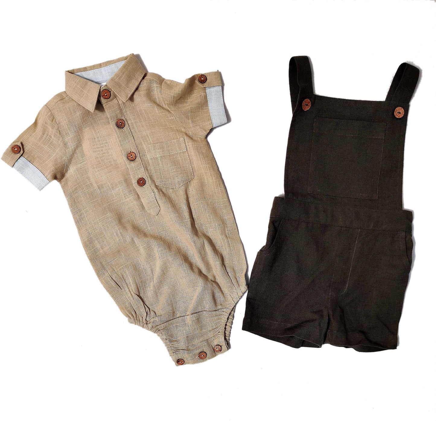 Infant Romper-Shirt and Overalls Set - Beige & Olive Boys Yo Baby Wholesale
