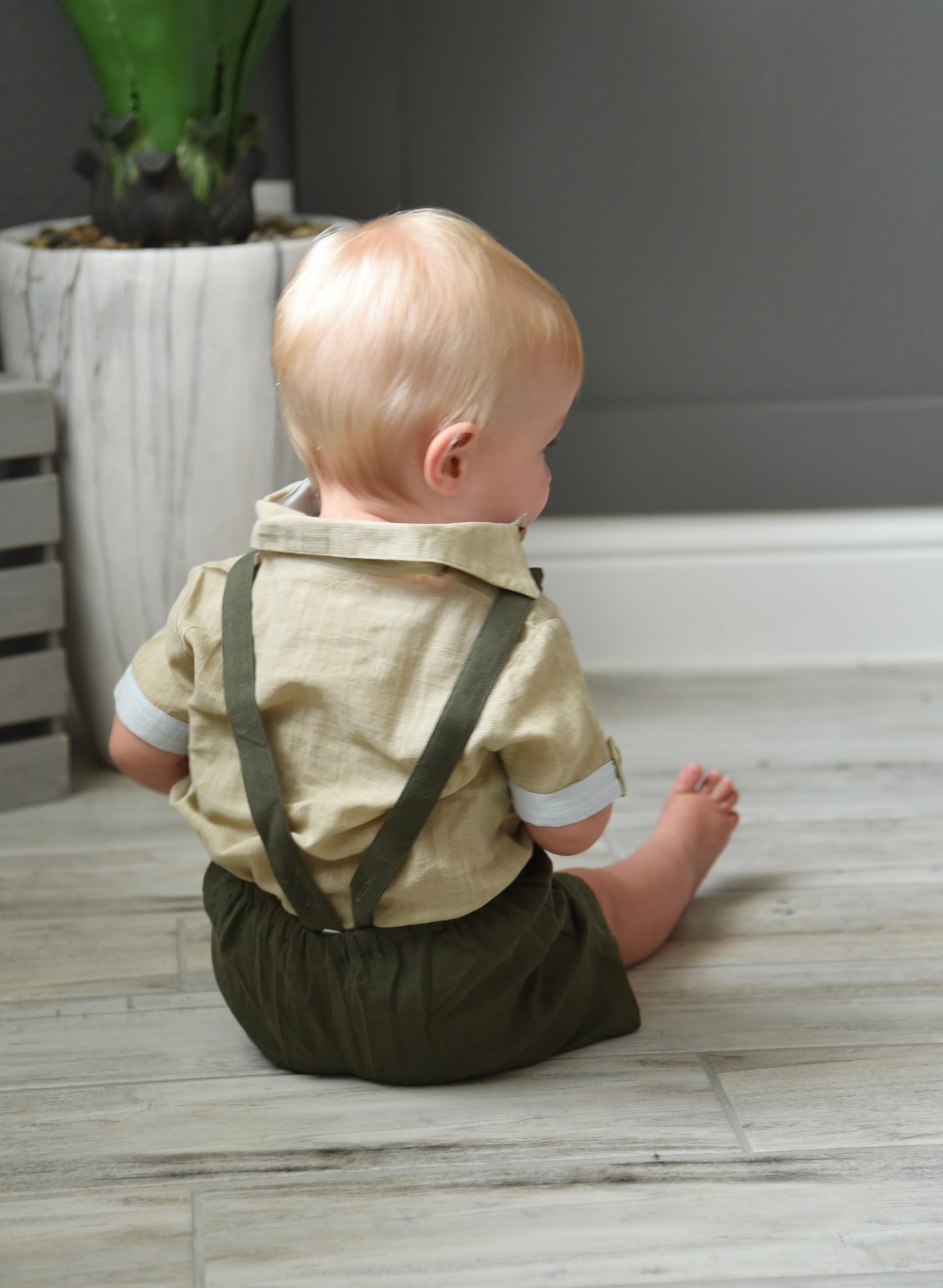 Infant Romper-Shirt and Overalls Set - Beige & Olive Boys Yo Baby Wholesale