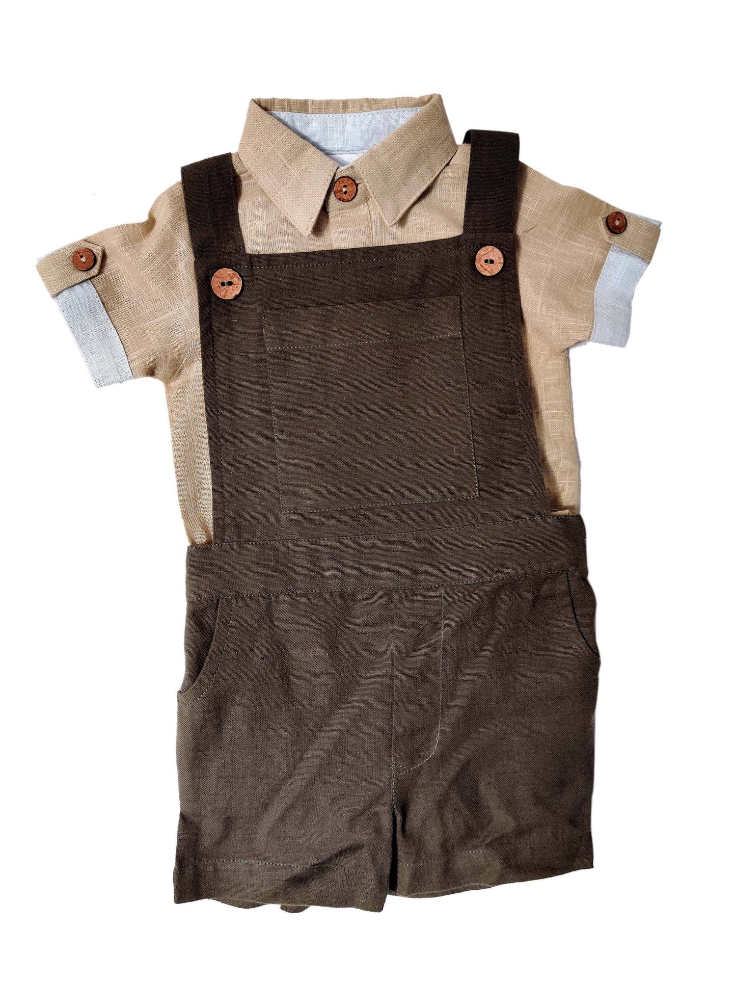 Infant Romper-Shirt and Overalls Set - Beige & Olive Boys Yo Baby Wholesale