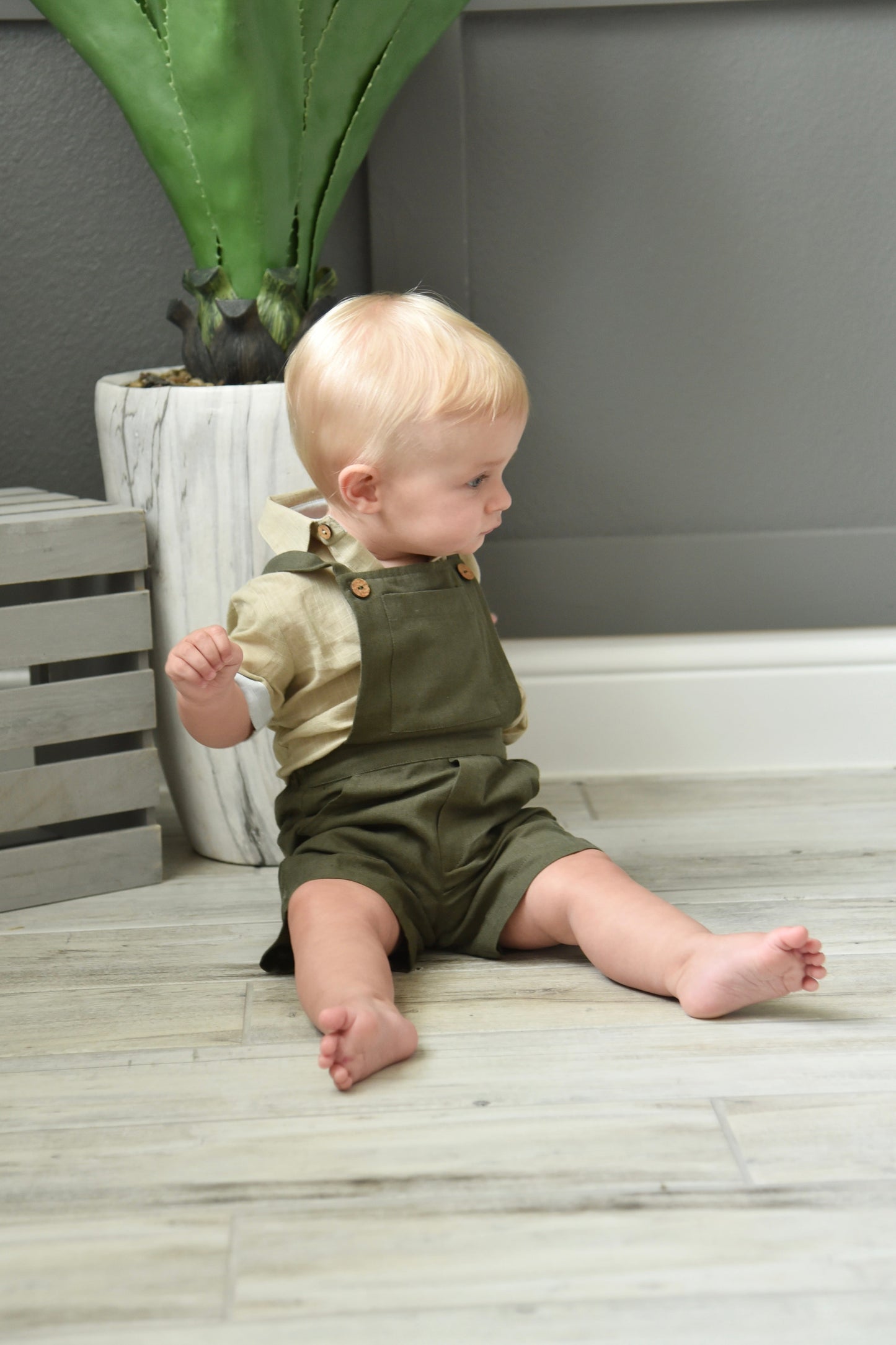 Infant Romper-Shirt and Overalls Set - Beige & Olive Boys Yo Baby Wholesale